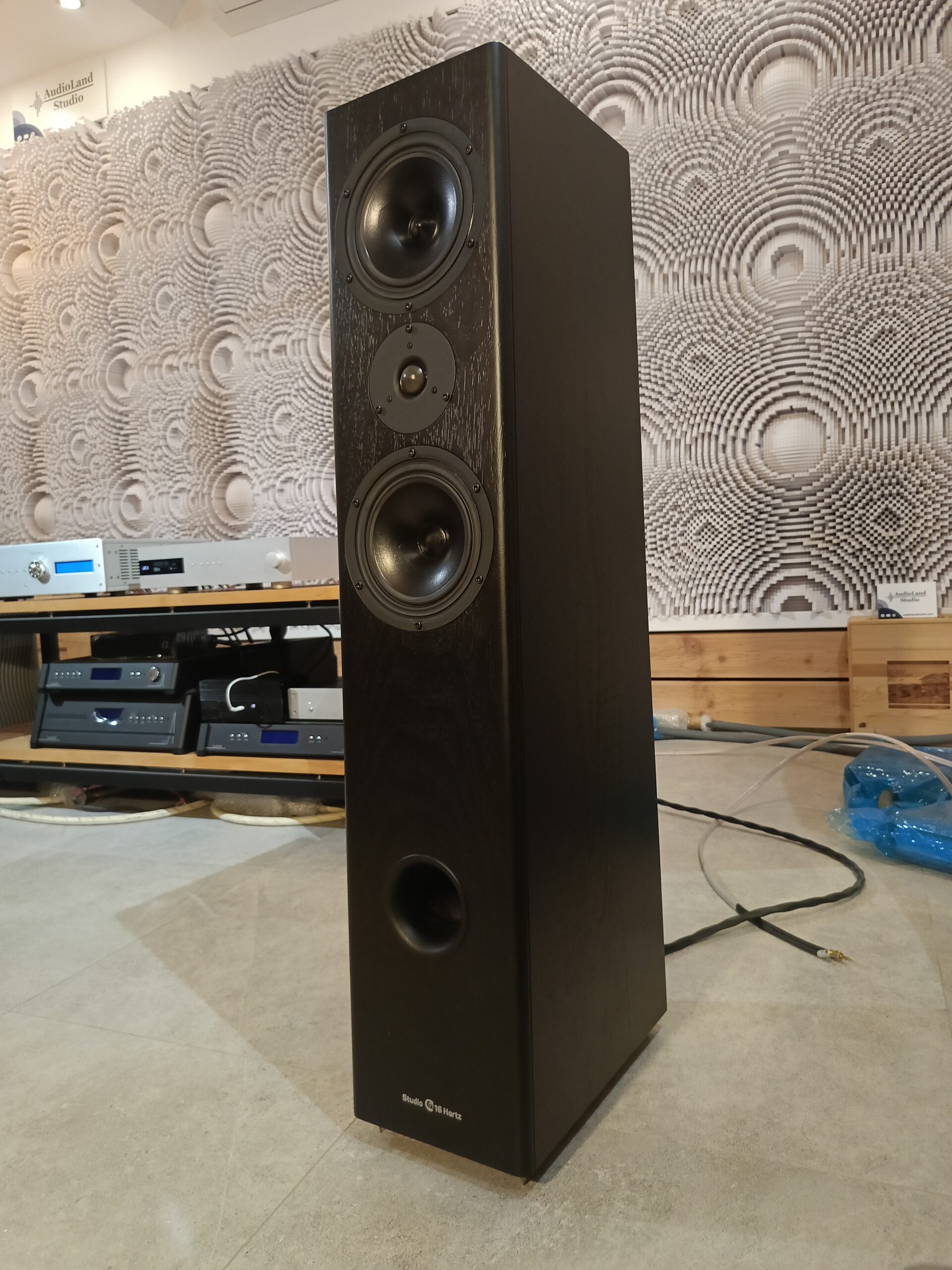 Kolumny podłogowe Studio 16Hz Minas Anor IIIs, Konstrukcja bass reflex-przód, 2,5R, gniazda pojedyńcze. Rekomendowana moc wzm.: 15-200W. Pasmo przenoszenia 30Hz-25kHz. Impedencja 4Ω. Skuteczność 90dB. Waga ok. 23kg.